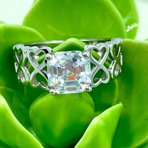 Diamonique Asscher Cut Sterling Silver Heart Ring Size 8